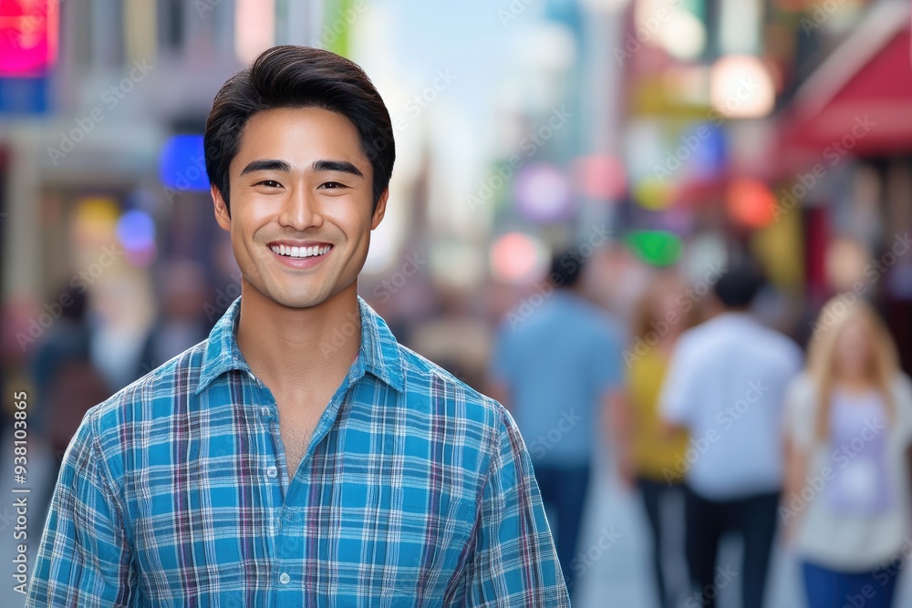 Naklejka premium A joyful 30-year-old Asian man enjoying a vibrant city street on a sunny day, surrounded by bustling crowds and colorful storefronts, radiating happiness as he engages with his surroundings