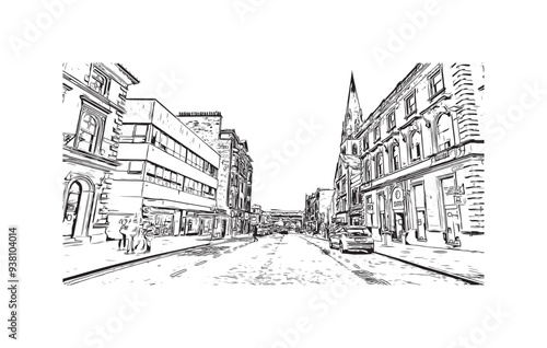Print Building view with landmark of Stirling is the city in UK. Hand drawn sketch illustration in vector.
