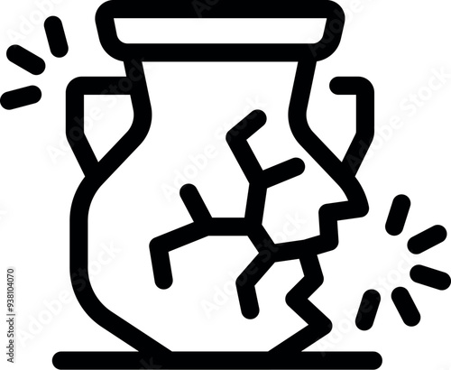 Line art icon of an ancient clay vase breaking apart, representing concepts like history, archeology, and fragility