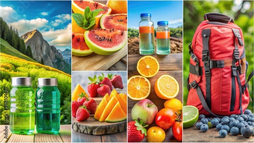 A refreshing collage of water bottles, hydration packs, and water-rich fruits like watermelon and oranges, symbolizing wellness and outdoor adventure on a summer day. photo