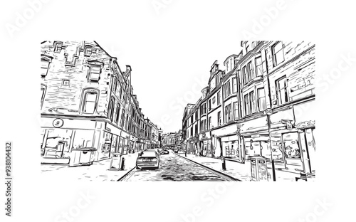 Print Building view with landmark of Stirling is the city in UK. Hand drawn sketch illustration in vector.