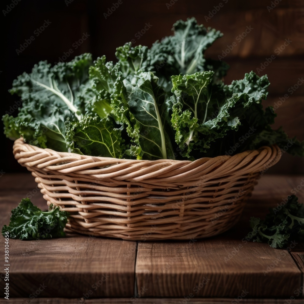 Fresh organic curly kale leaves in a rustic basket on a brown wooden table with a dark wooden background Fresh organic curly kale leaves in a rustic basket on a brown wooden table with a dark wooden background