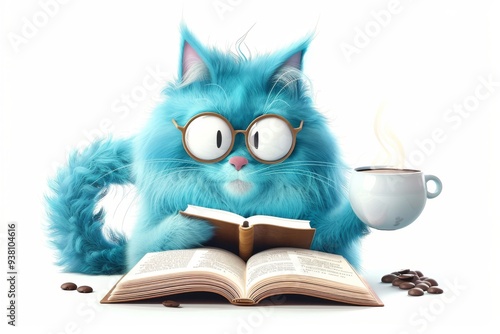 Cute funny cat a stylish hat with reading book and coffee cartoon illustration on a white background