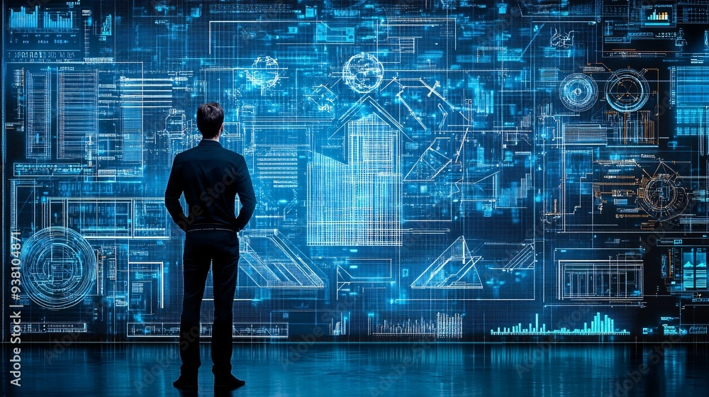 A futuristic architectural studio with an architect standing in front of a large holographic wall displaying a detailed blueprint of a complex building design emphasizing innovation in architectural A futuristic architectural studio with an architect standing in front of a large holographic wall displaying a detailed blueprint of a complex building design emphasizing innovation in architectural