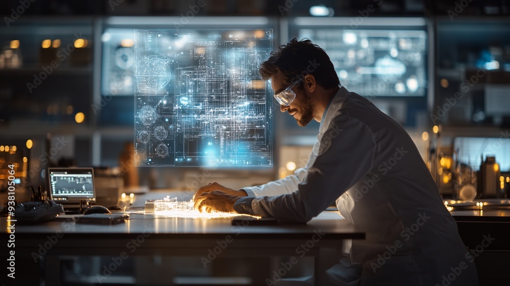 Fototapeta premium A wide shot of an engineer interacting with a detailed 3D holographic blueprint of industrial machinery floating above a workstation emphasizing the role of technology in enhancing design accuracy