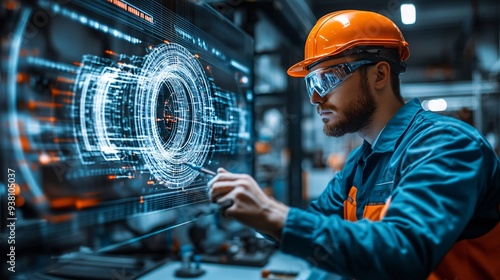 An engineer in a high-tech workspace focusing intently on a 3D holographic model of a complex machine part demonstrating the intricate nature of precision engineering Stock Photo with copy space photo