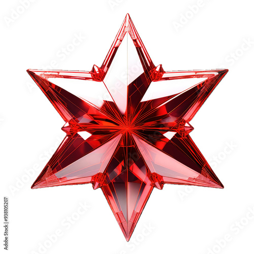 Red and white snowflake on transparent background.