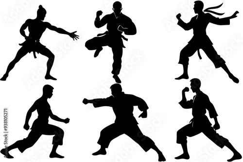 Set of 6 Martial Arts Silhouettes - Dynamic Vector Illustrations for SVG, Cricut, Clipart, and T-Shirt Graphics