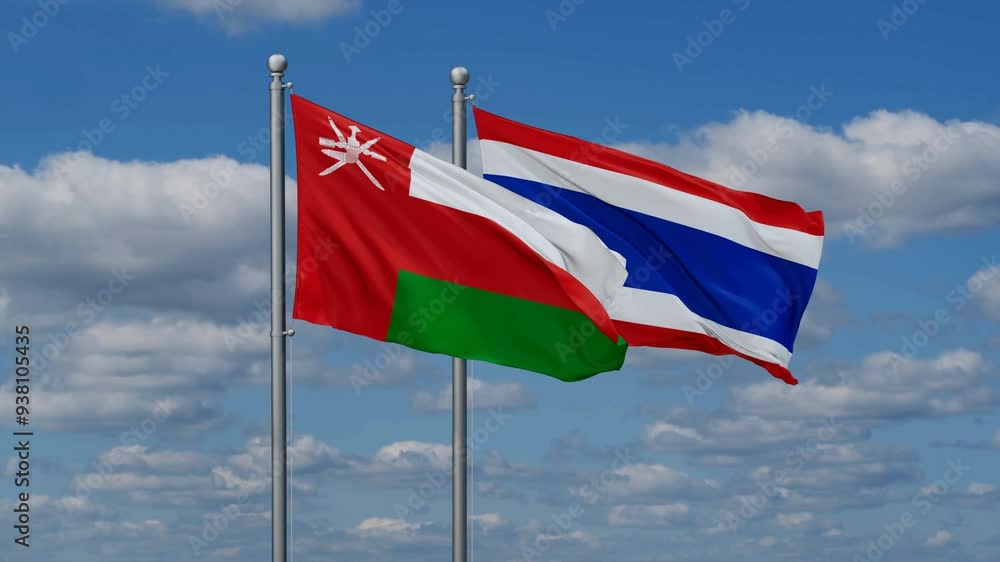 Kingdom of Thailand and Oman flags flying together, video concept of the relationship, two country cooperation concept Kingdom of Thailand and Oman flags flying together, video concept of the relationship, two country cooperation concept