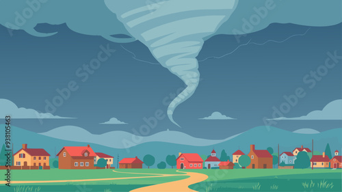 Illustration of a powerful tornado forming under a dark stormy sky, threatening a peaceful rural town