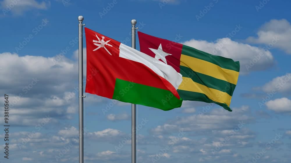 Togo, Togolese Republic and Oman flags flying together, video concept of the relationship, two country cooperation concept Togo, Togolese Republic and Oman flags flying together, video concept of the relationship, two country cooperation concept