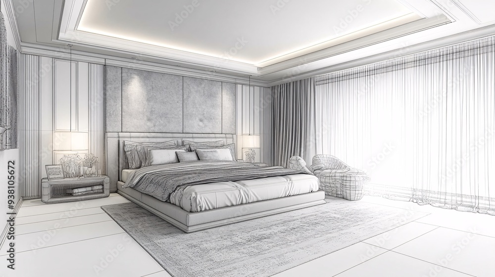 A designer's hand making adjustments to a floating 3D holographic model of a beautifully decorated bedroom highlighting the precision and creativity in interior design visualization Stock Photo with A designer's hand making adjustments to a floating 3D holographic model of a beautifully decorated bedroom highlighting the precision and creativity in interior design visualization Stock Photo with