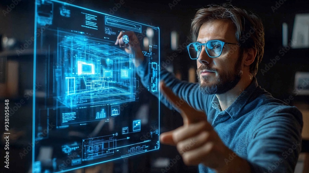 An interior designer in a high-tech studio interacting with a 3D hologram of a spacious office setup floating mid-air emphasizing the innovative use of holograms in visualizing room layouts Stock An interior designer in a high-tech studio interacting with a 3D hologram of a spacious office setup floating mid-air emphasizing the innovative use of holograms in visualizing room layouts Stock