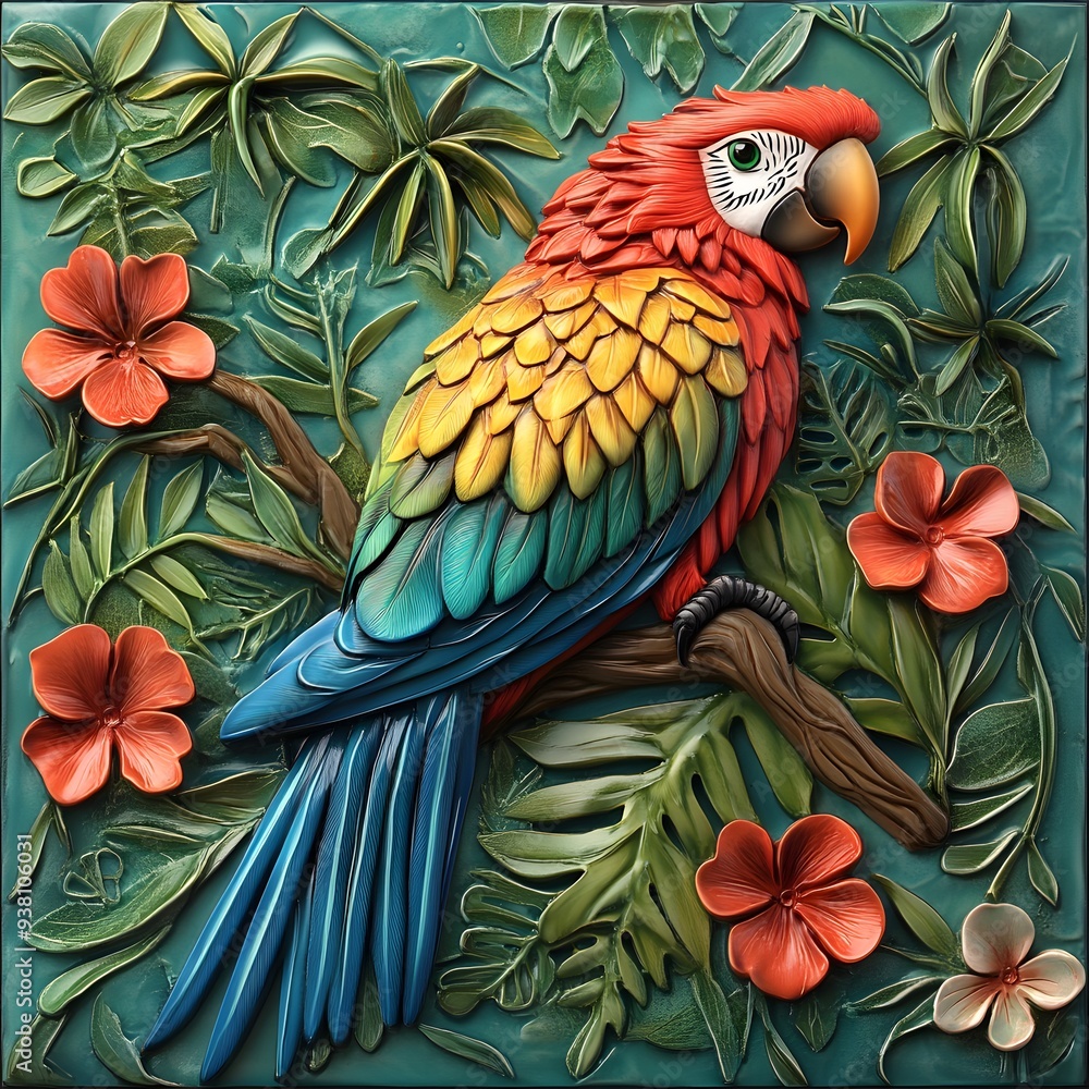 Obraz premium 112. **A lifelike 3D render of a ceramic tile art featuring a vibrant parrot