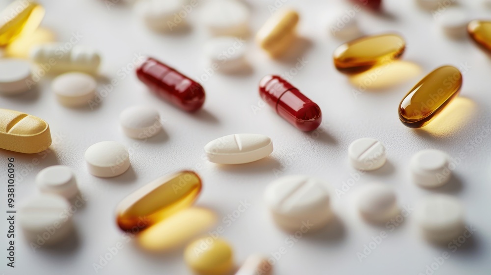 A macro shot of varied tablets and capsules on a white surface, showing diverse colors, shapes, and sizes. Soft lighting highlights their texture and quality in a clinical, professional setting. A macro shot of varied tablets and capsules on a white surface, showing diverse colors, shapes, and sizes. Soft lighting highlights their texture and quality in a clinical, professional setting.