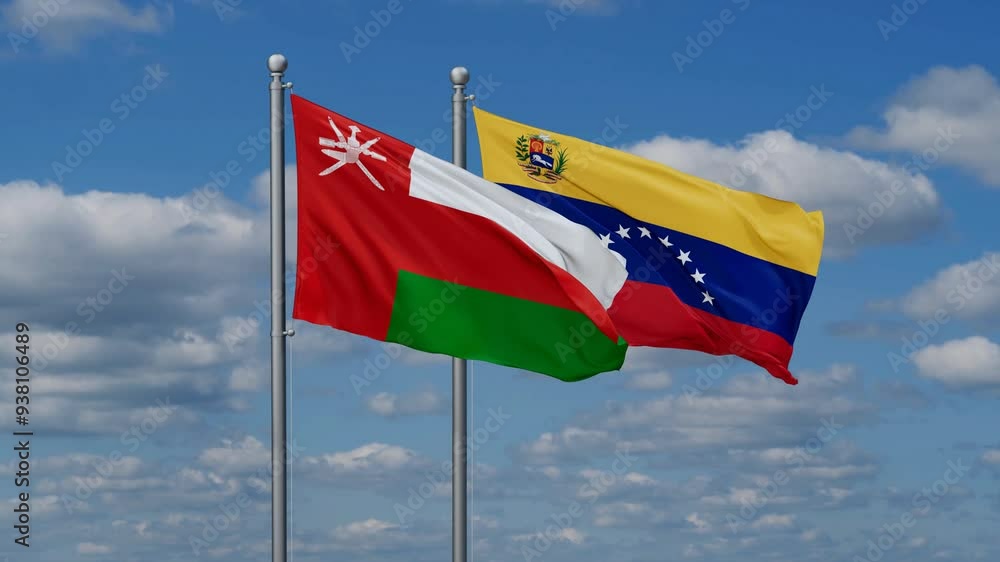 Venezuela and Oman flags flying together, video concept of the relationship Venezuela and Oman flags flying together, video concept of the relationship