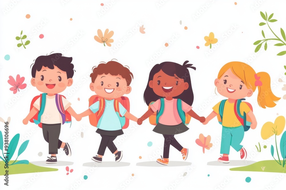 A group of happy children holding hands and walking together on their first day of school A group of happy children holding hands and walking together on their first day of school
