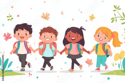 A group of happy children holding hands and walking together on their first day of school