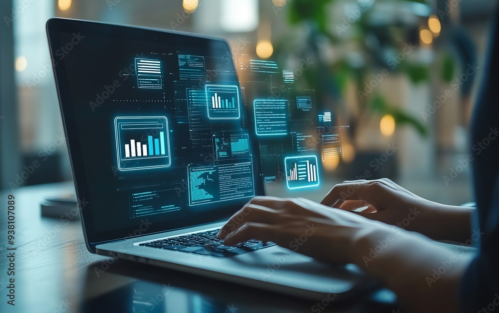 Person using laptop with compliance icon on virtual display, ensuring business policies and regulatory compliance Person using laptop with compliance icon on virtual display, ensuring business policies and regulatory compliance