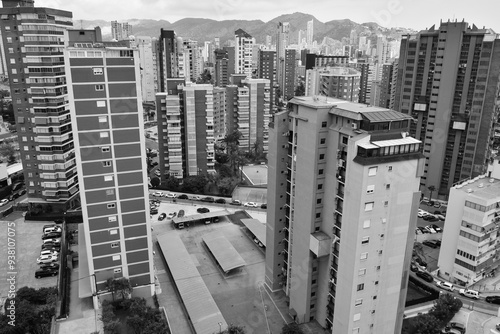 Benidorm cityscape in black and white with many tall buildings, Benidorm, Alicante, Spain