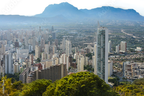 View of Benidorm city at night with many tall buildings, Benidorm, Alicante, Spain