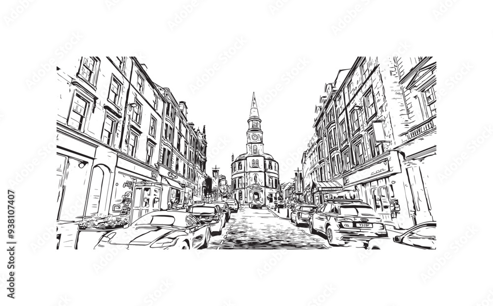 Print Building view with landmark of Stirling is the city in UK. Hand drawn sketch illustration in vector. Print Building view with landmark of Stirling is the city in UK. Hand drawn sketch illustration in vector.