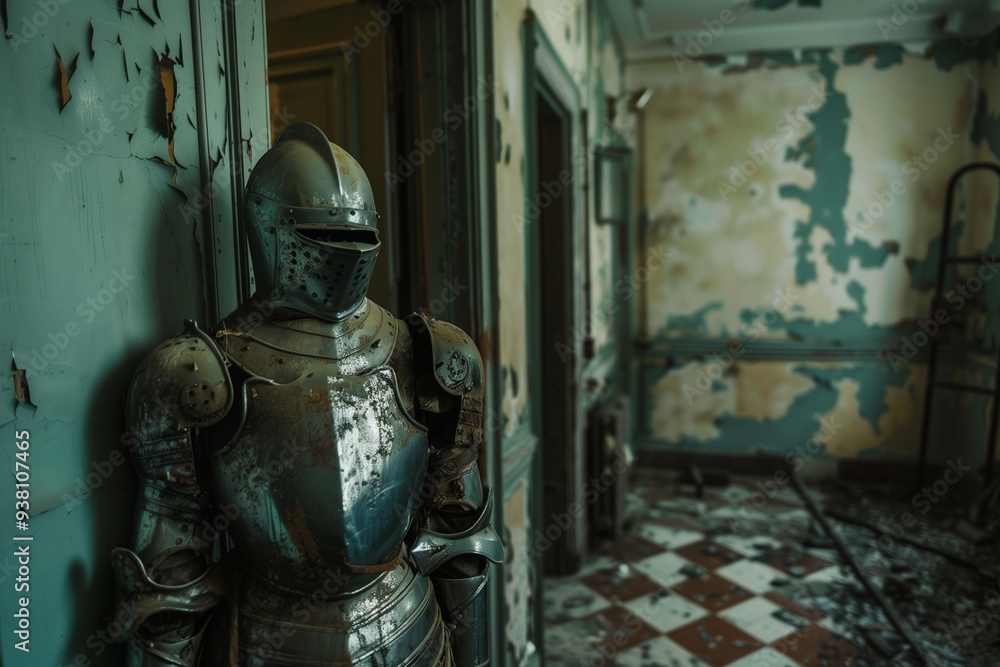 Haunted Armor Guarding Ghostly Hallway in a Cursed Abandoned House Haunted Armor Guarding Ghostly Hallway in a Cursed Abandoned House