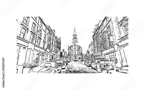 Print Building view with landmark of Stirling is the city in UK. Hand drawn sketch illustration in vector.