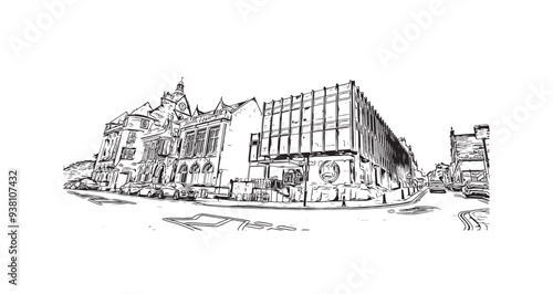Print Building view with landmark of Stirling is the city in UK. Hand drawn sketch illustration in vector.