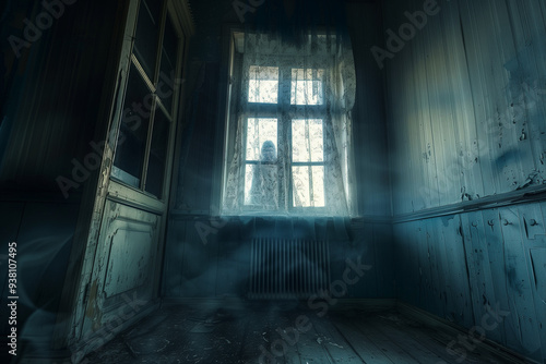 Presence on the Other Side of the Window in Creepy Abandoned Haunted House