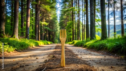 A rustic wooden fork lies at a fork in the path, symbolizing a choice or decision point in a serene and natural forest environment.