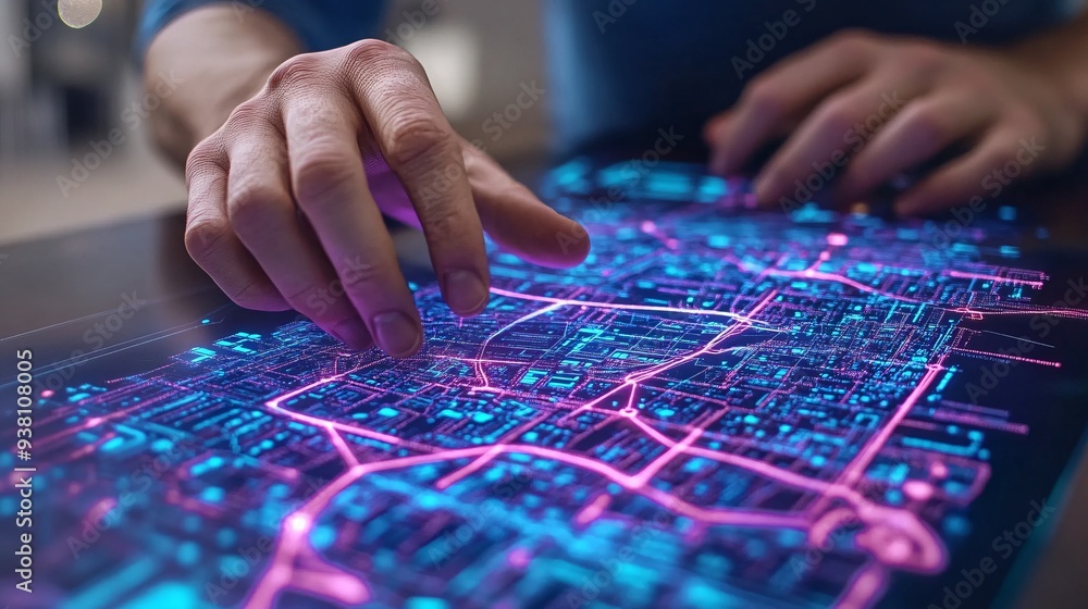 A city planner carefully studies a detailed 3D holographic map of an urban area floating in front of them showcasing the advanced technology used in modern urban development planning Stock Photo with A city planner carefully studies a detailed 3D holographic map of an urban area floating in front of them showcasing the advanced technology used in modern urban development planning Stock Photo with
