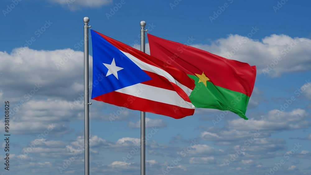 Burkina Faso and Puerto Rico flags flying together, video concept of the relationship, two country relations concept Burkina Faso and Puerto Rico flags flying together, video concept of the relationship, two country relations concept