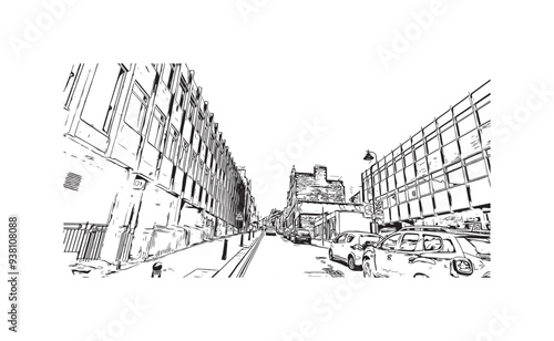 Print Building view with landmark of Stirling is the city in UK. Hand drawn sketch illustration in vector.
