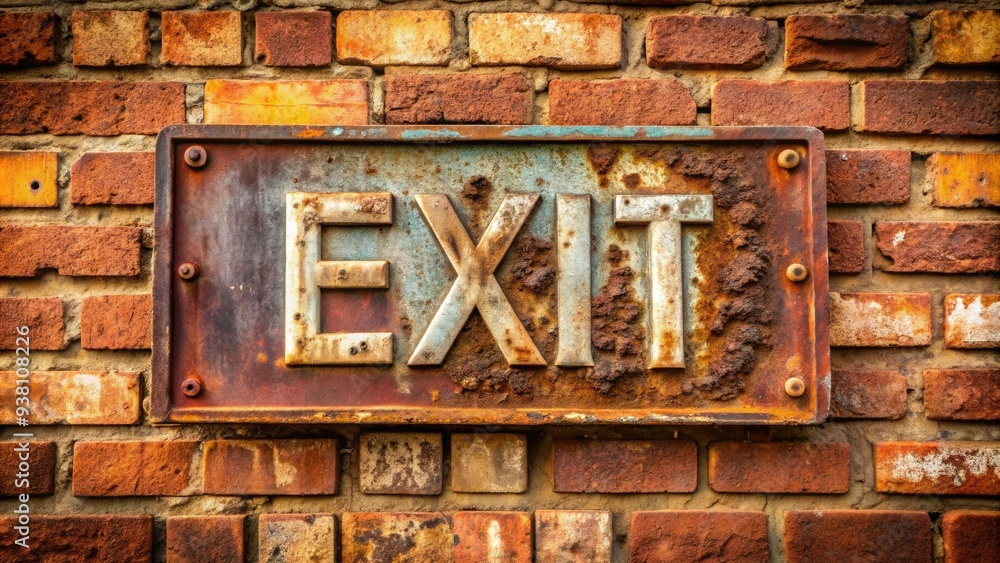 A rusty, faded exit sign with worn-off letters and a distressed surface, mounted on a worn brick wall, evoking a sense of nostalgia and abandonment. A rusty, faded exit sign with worn-off letters and a distressed surface, mounted on a worn brick wall, evoking a sense of nostalgia and abandonment.