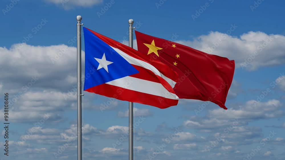 China and Puerto Rico flags flying together, video concept of the relationship, two country relations concept China and Puerto Rico flags flying together, video concept of the relationship, two country relations concept