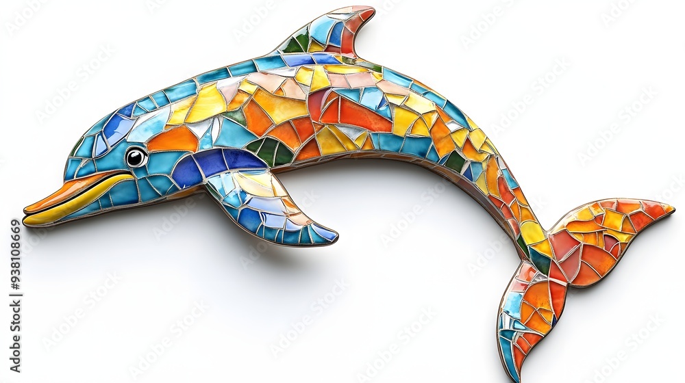 93. **A realistic 3D render of a ceramic tile art featuring a playful dolphin with colorful tile designs, isolated on a white background 93. **A realistic 3D render of a ceramic tile art featuring a playful dolphin with colorful tile designs, isolated on a white background
