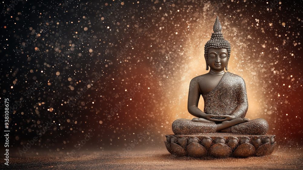 The Buddha of Enlightenment, seated on the lotus throne with an elaborate crown and the borderline between silver and gold colors, surrounded by a red and black background, adorned in traditional Thai The Buddha of Enlightenment, seated on the lotus throne with an elaborate crown and the borderline between silver and gold colors, surrounded by a red and black background, adorned in traditional Thai