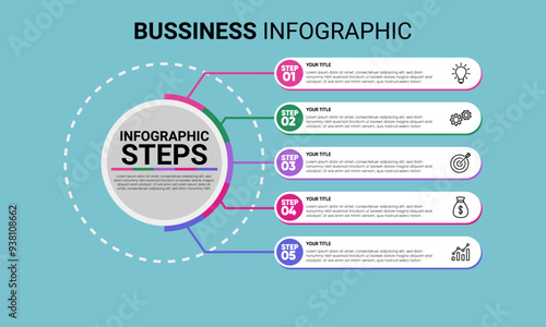 Infographic 5 Step timeline journey, calendar Flat simple infographics design template. presentation graph. Business concept with 5 options, vector illustration.