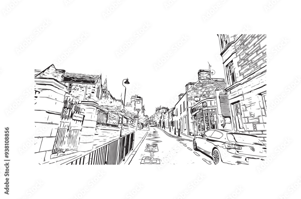 Fototapeta premium Print Building view with landmark of Stirling is the city in UK. Hand drawn sketch illustration in vector.