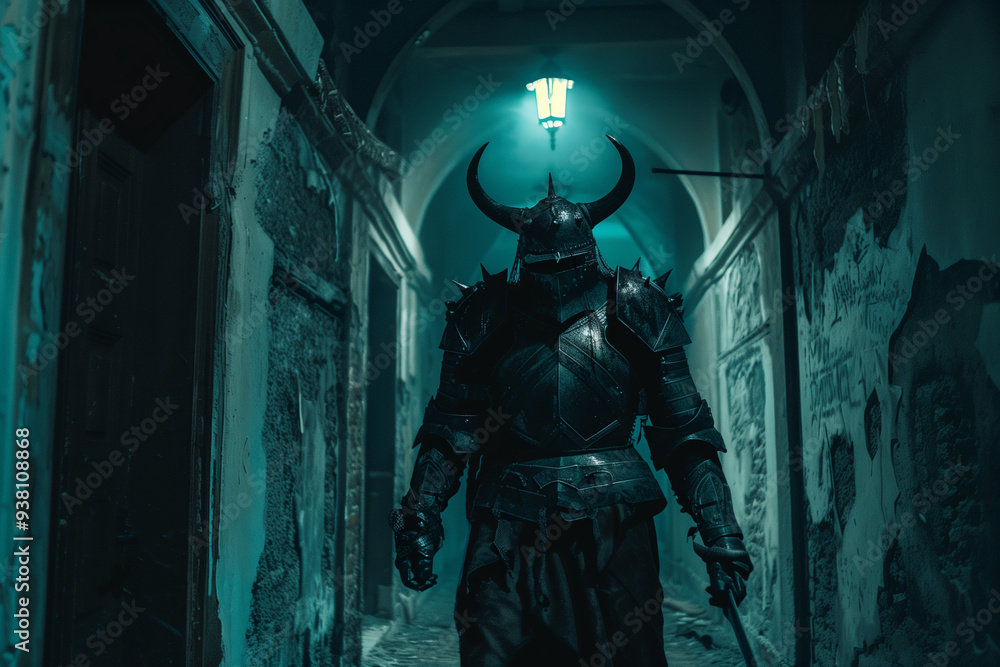 Haunted Armor in Dark Hallway of Abandoned Haunted House Haunted Armor in Dark Hallway of Abandoned Haunted House