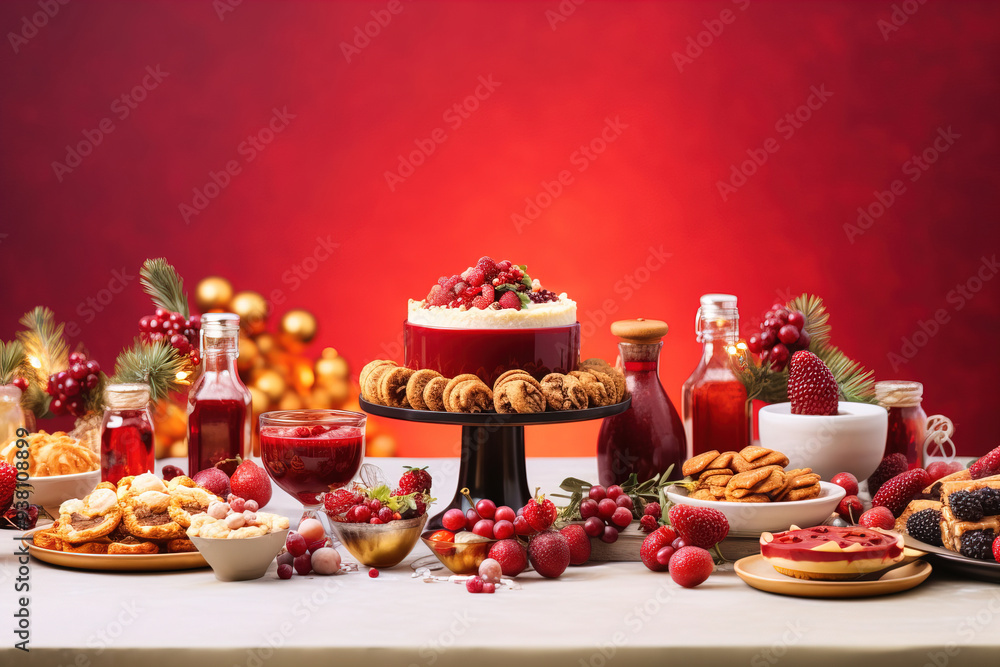 Christmas Dessert Table with Red Berries and Cake Christmas Dessert Table with Red Berries and Cake