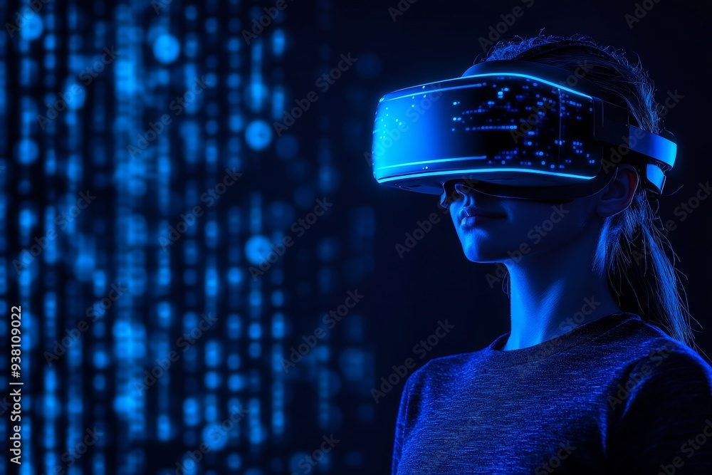 Profile of a Woman in a Blue Neon Environment with VR Headset Representing the Fusion of Modern Technology and Digital Immersion Profile of a Woman in a Blue Neon Environment with VR Headset Representing the Fusion of Modern Technology and Digital Immersion