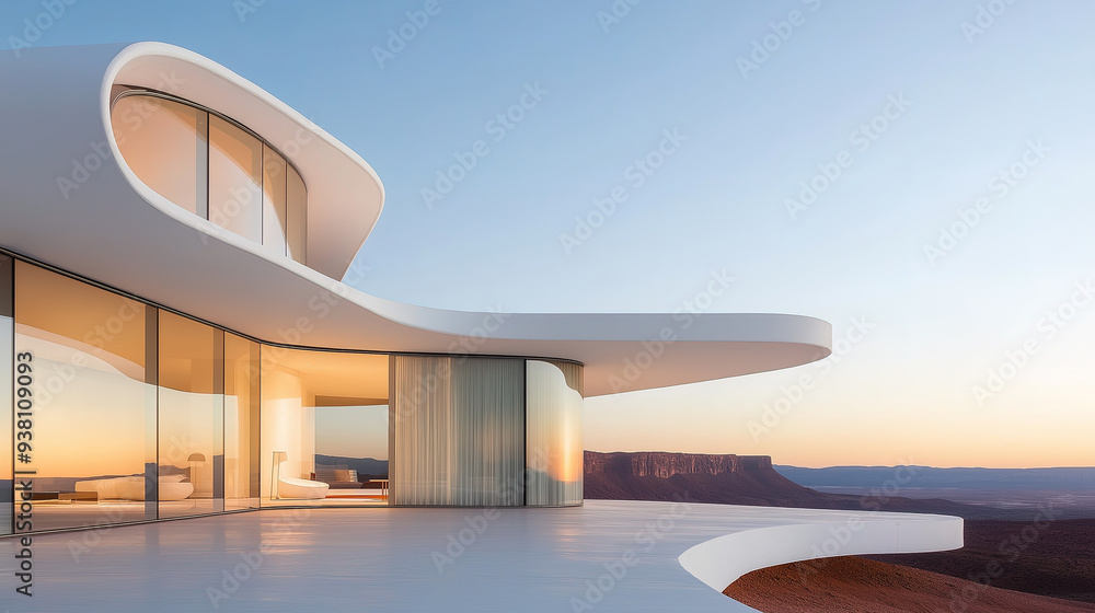 White luxury modern villa with beautiful desert view, minimalist curve line design, scene for car presentation White luxury modern villa with beautiful desert view, minimalist curve line design, scene for car presentation