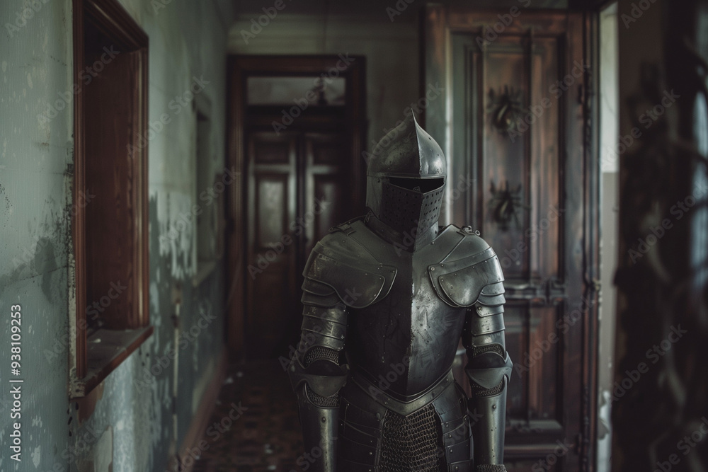 Haunted Armor in Eerie Abandoned House Hallway for Halloween Horror Haunted Armor in Eerie Abandoned House Hallway for Halloween Horror