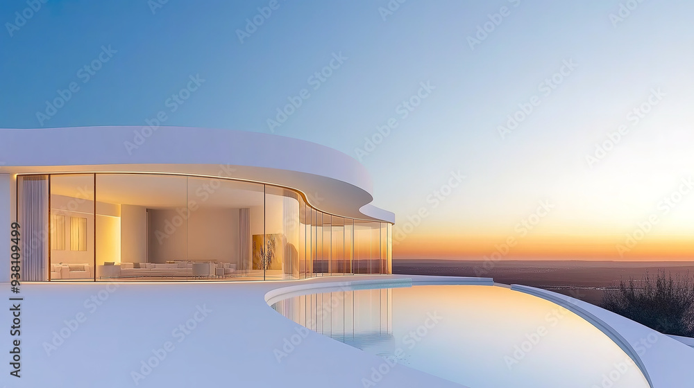 Fototapeta premium White luxury modern villa with beautiful desert view, minimalist curve line design, scene for car presentation