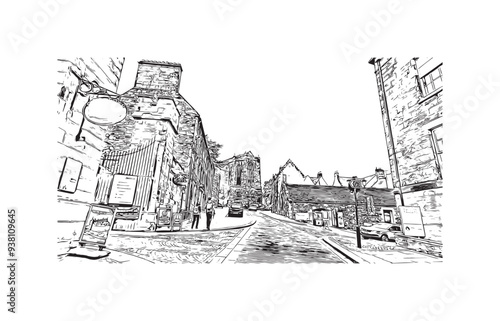 Print Building view with landmark of Stirling is the city in UK. Hand drawn sketch illustration in vector.