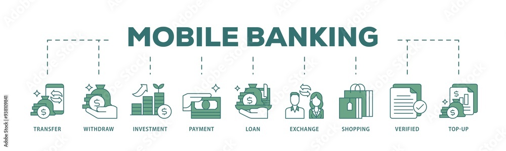Mobile banking icon infographic illustration concept with icon of transfer, withdraw, investment, payment, loan, exchange, shopping, verified and top up icon png and easy to edit Mobile banking icon infographic illustration concept with icon of transfer, withdraw, investment, payment, loan, exchange, shopping, verified and top up icon png and easy to edit