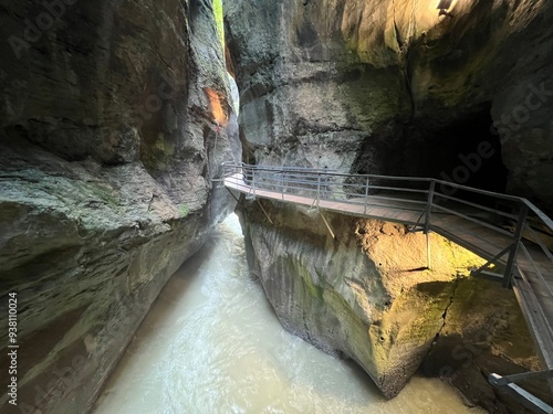 The Aare River Canyon or Aare Gorge in the Haslital Alpine Valley and in the Bernese Highlands - Meiringen, Switzerland (Aareschlucht im Haslital und im Berner Oberland - Schweiz) photo