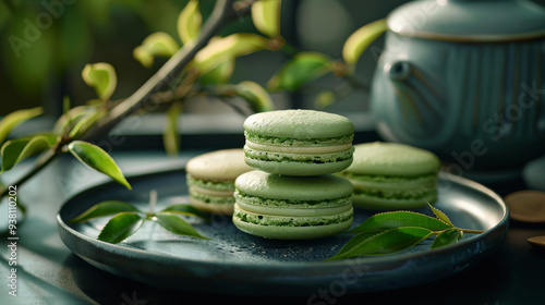 Japanese ceramic plate with matcha green tea macarons in a sophisticated restaurant setting photo